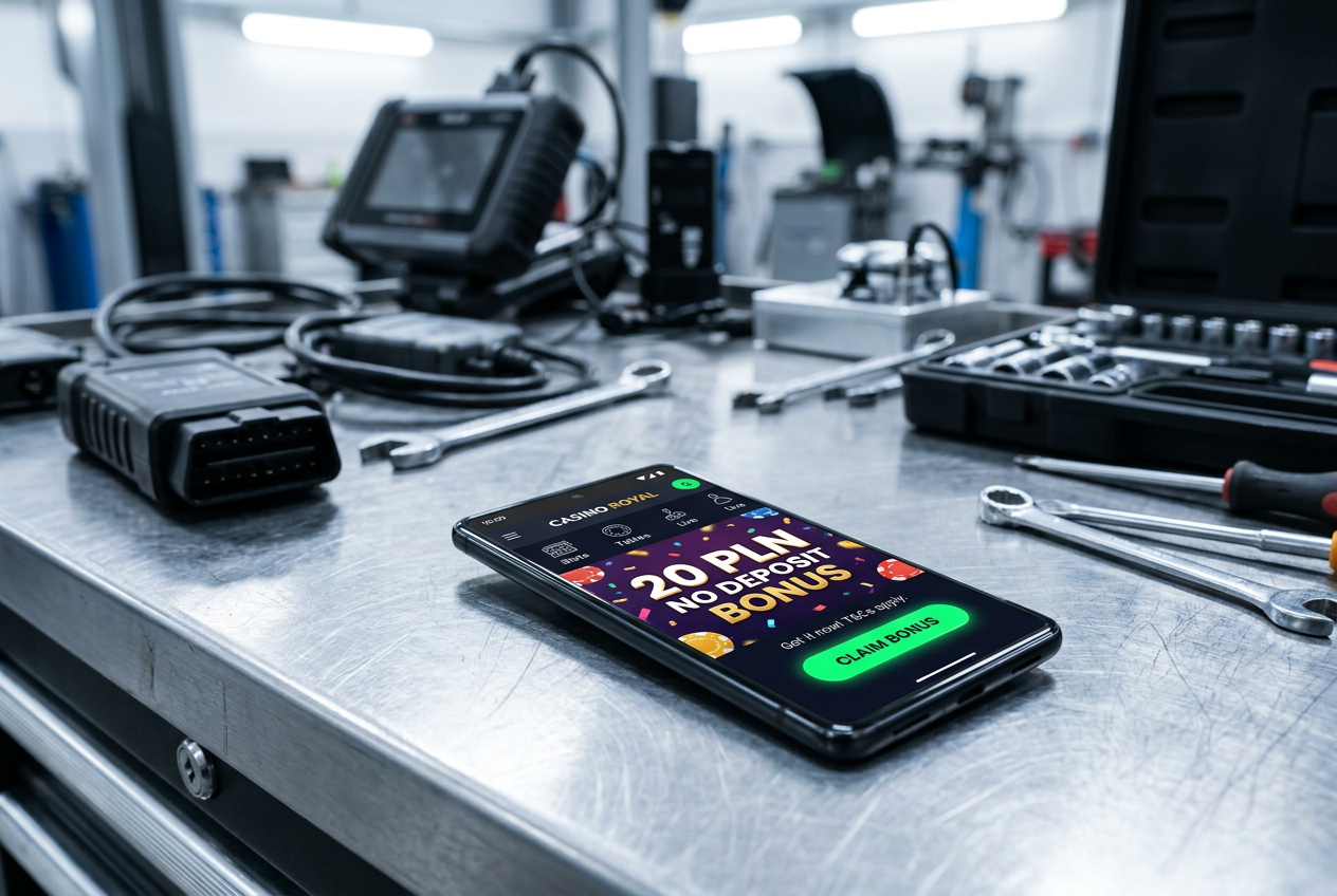 Smartphone with casino bonus on a workshop workbench