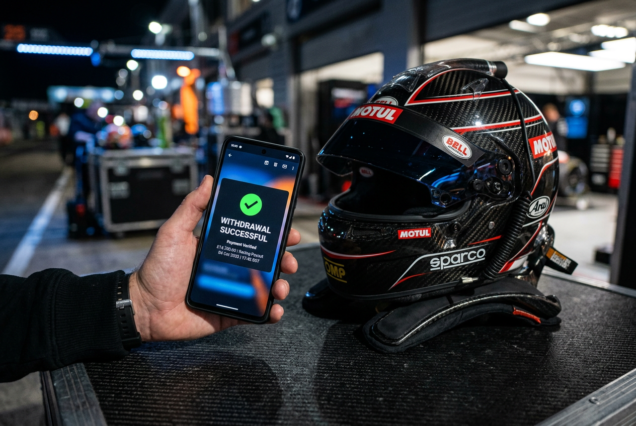 Successful transaction notification on a phone screen next to a racing helmet