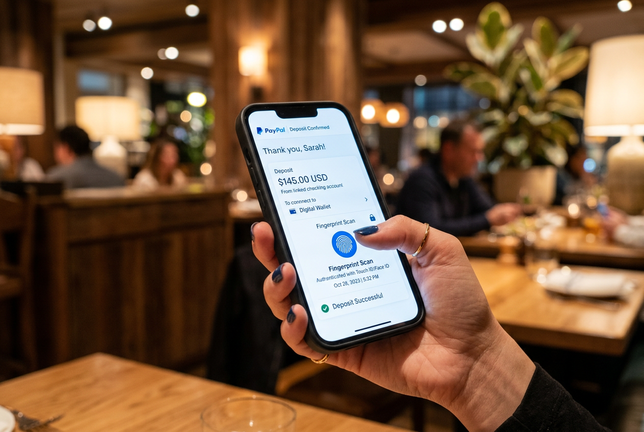 Close-up of a hand holding a smartphone performing a secure PayPal deposit.