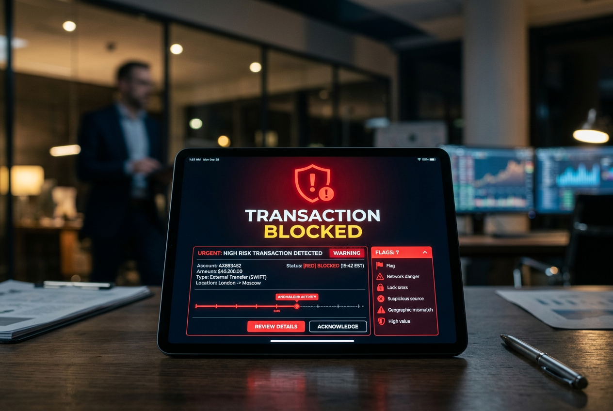 A digital interface showing security alerts and transaction warning signs.