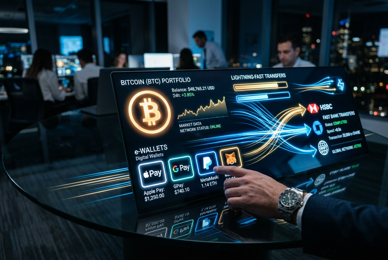 Digital representation of various fast payment methods including cryptocurrency and e-wallets.