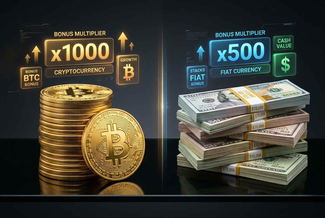 A visual comparison of crypto and fiat casino bonuses.