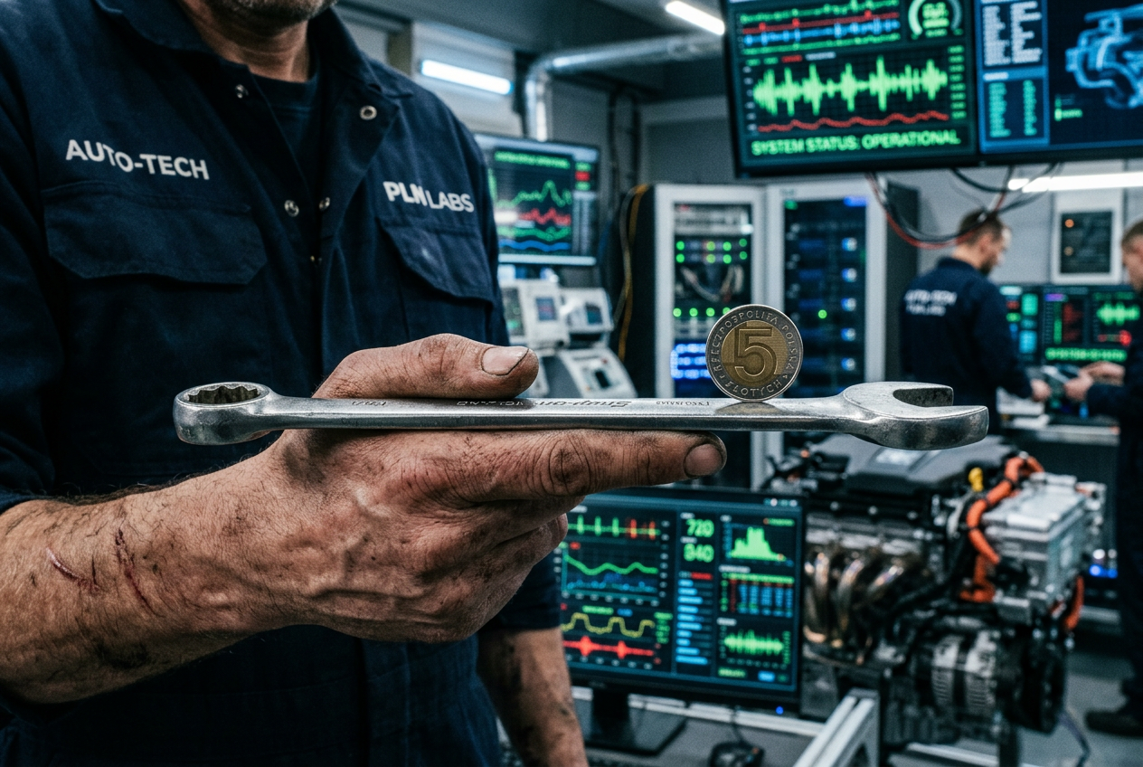 Mechanik balansujący monetą 5 zł na kluczu płaskim w warsztacie