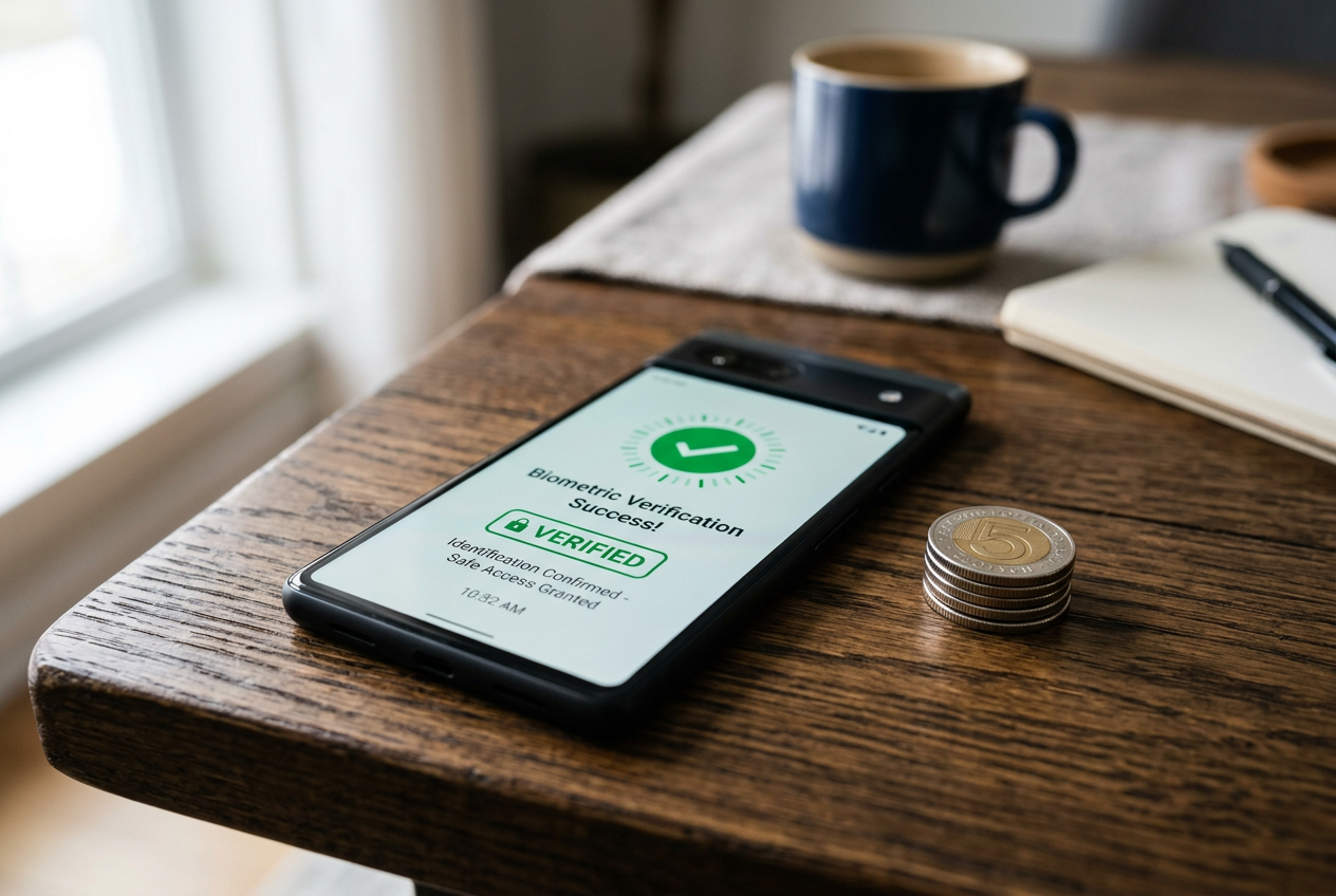Smartfon z procesem weryfikacji tożsamości i monetami 5 zł