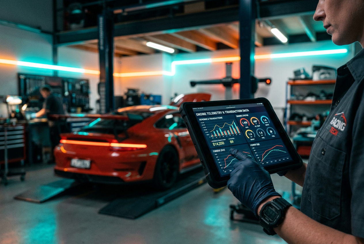 A technician using a tablet to diagnose a digital engine flow
