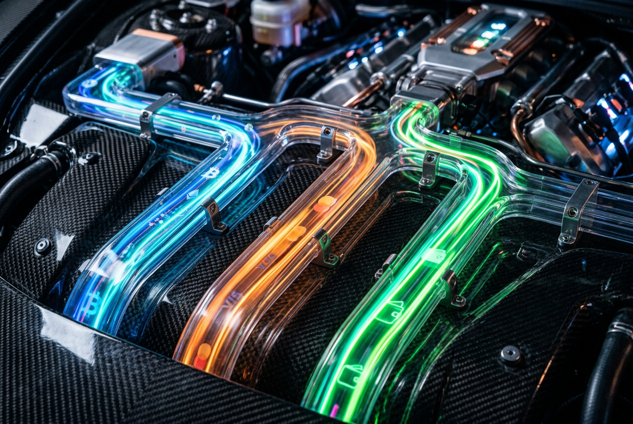 Neon glowing tubes representing different financial transaction speeds in a car engine