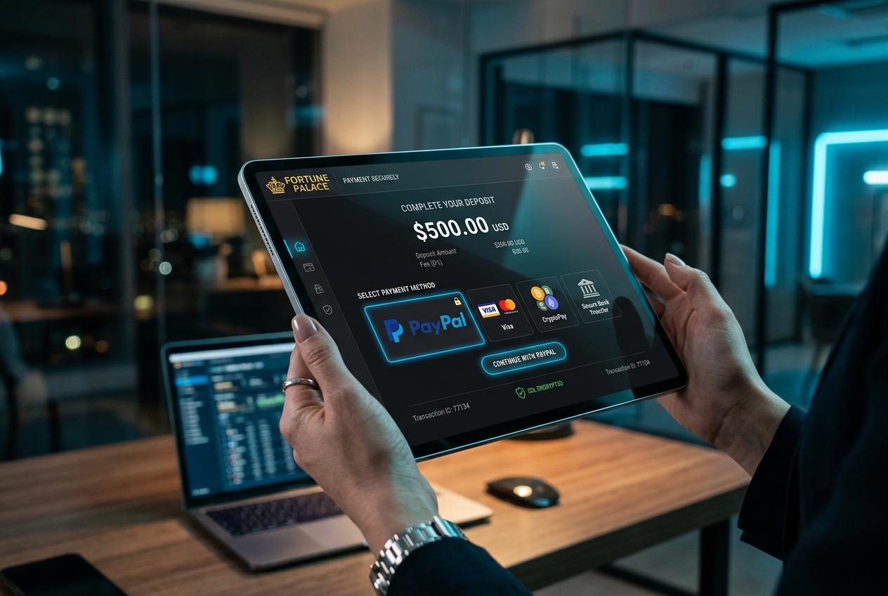 Sleek digital interface showing online casino payment options with PayPal logo.